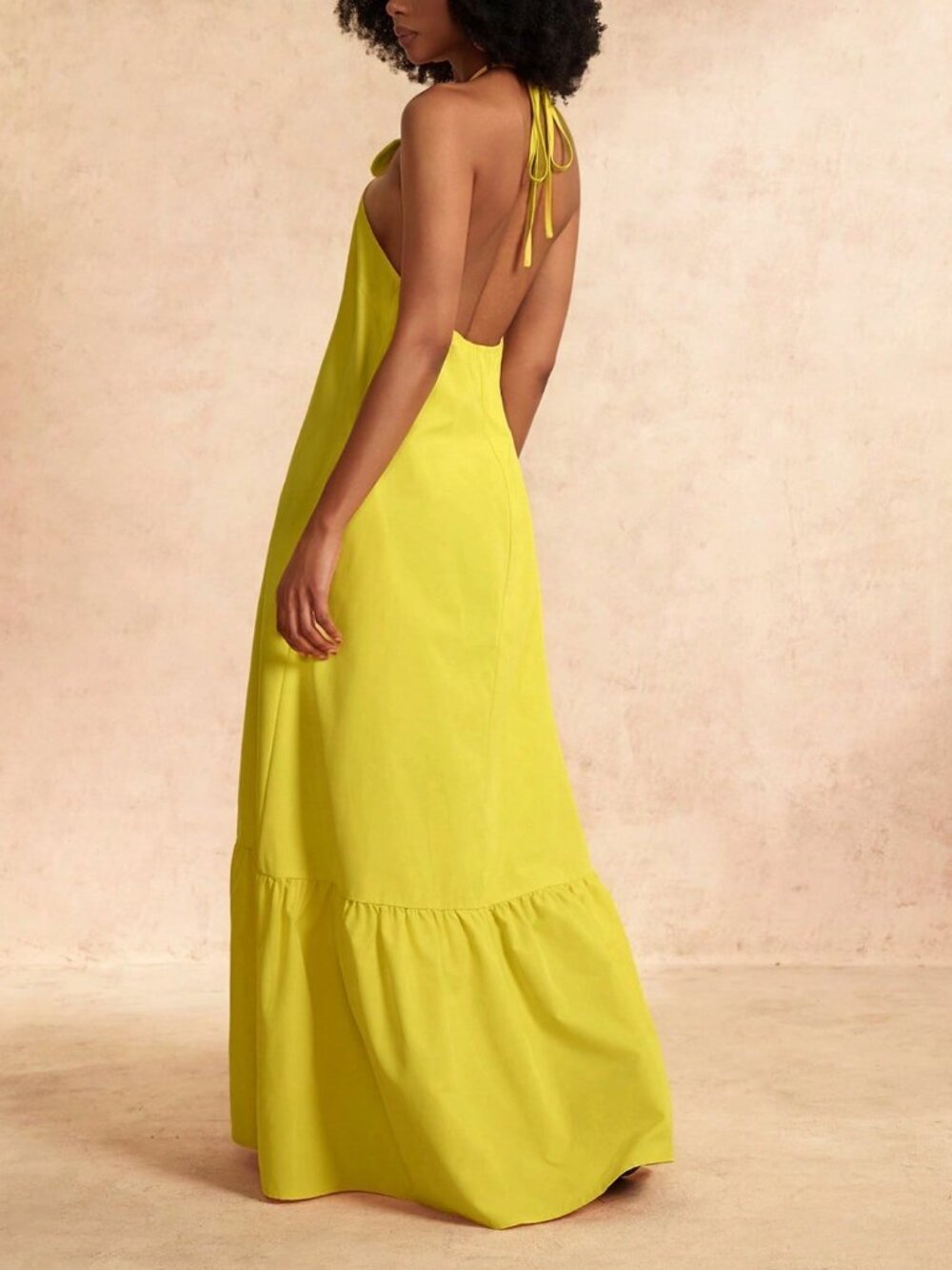 Yellow Casual Women's Halter Tie-Up 3D Floral Decor Open Back A-Line Dress - Picture 2 of 8